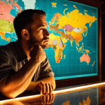 A contemplative male bartender in his early 30s, sitting at a dimly lit bar counter, gazing at a large world map spread out before him. Surrounding him are subtle visual cues representing global cocktail culture: a sleek Japanese highball glass, a vintage American speakeasy cocktail, and vibrant tropical fruits. His expression conveys a mix of wonder and determination, symbolizing the initial phase of dreaming and planning a career abroad. Cinematic, realistic lighting, deep focus.