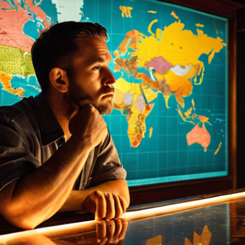 Home 7 A contemplative male bartender in his early 30s, sitting at a dimly lit bar counter, gazing at a large world map spread out before him. Surrounding him are subtle visual cues representing global cocktail culture: a sleek Japanese highball glass, a vintage American speakeasy cocktail, and vibrant tropical fruits. His expression conveys a mix of wonder and determination, symbolizing the initial phase of dreaming and planning a career abroad. Cinematic, realistic lighting, deep focus.