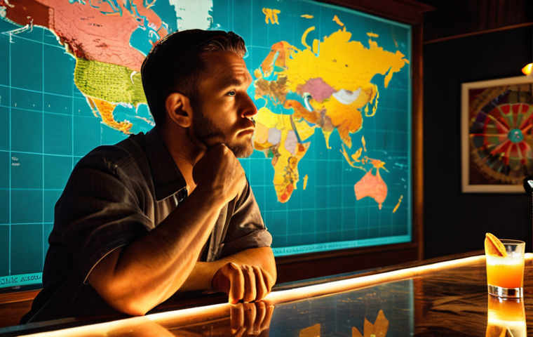 A contemplative male bartender in his early 30s, sitting at a dimly lit bar counter, gazing at a large world map spread out before him. Surrounding him are subtle visual cues representing global cocktail culture: a sleek Japanese highball glass, a vintage American speakeasy cocktail, and vibrant tropical fruits. His expression conveys a mix of wonder and determination, symbolizing the initial phase of dreaming and planning a career abroad. Cinematic, realistic lighting, deep focus.