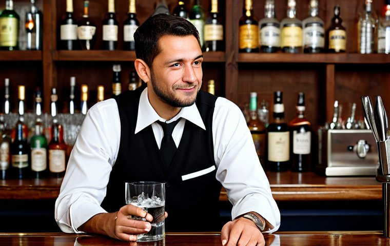 바텐더로서의 사회적 역할 - The Creative Mixologist**

"A skilled bartender, fully clothed in professional attire, carefully cra...