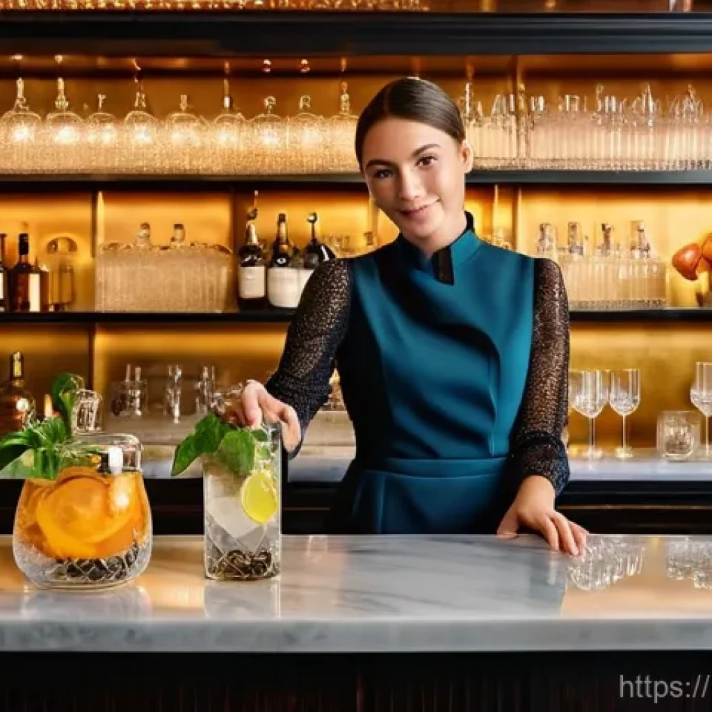 바텐더 실무 필수 기술 - **Sustainable Mixology and Local Delights:**
    "A sophisticated and focused female bartender, dres...