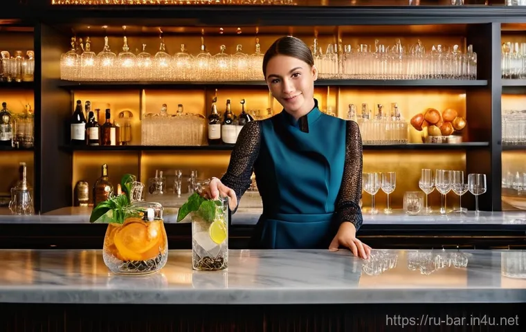 바텐더 실무 필수 기술 - **Sustainable Mixology and Local Delights:**
    "A sophisticated and focused female bartender, dres...