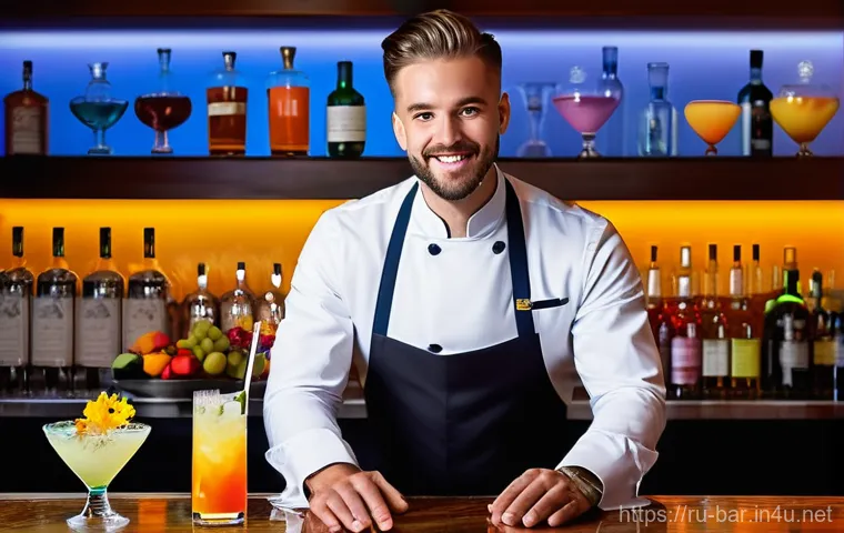 바텐더 실무 필수 기술 - **Sustainable Mixology and Local Delights:**
    "A sophisticated and focused female bartender, dres...