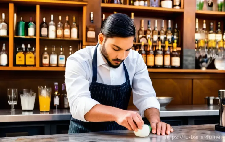 바텐더 자격증 시험 대비 팁 - A highly skilled and elegant bartender, in their late 20s to 40s, either male or female, precisely c...