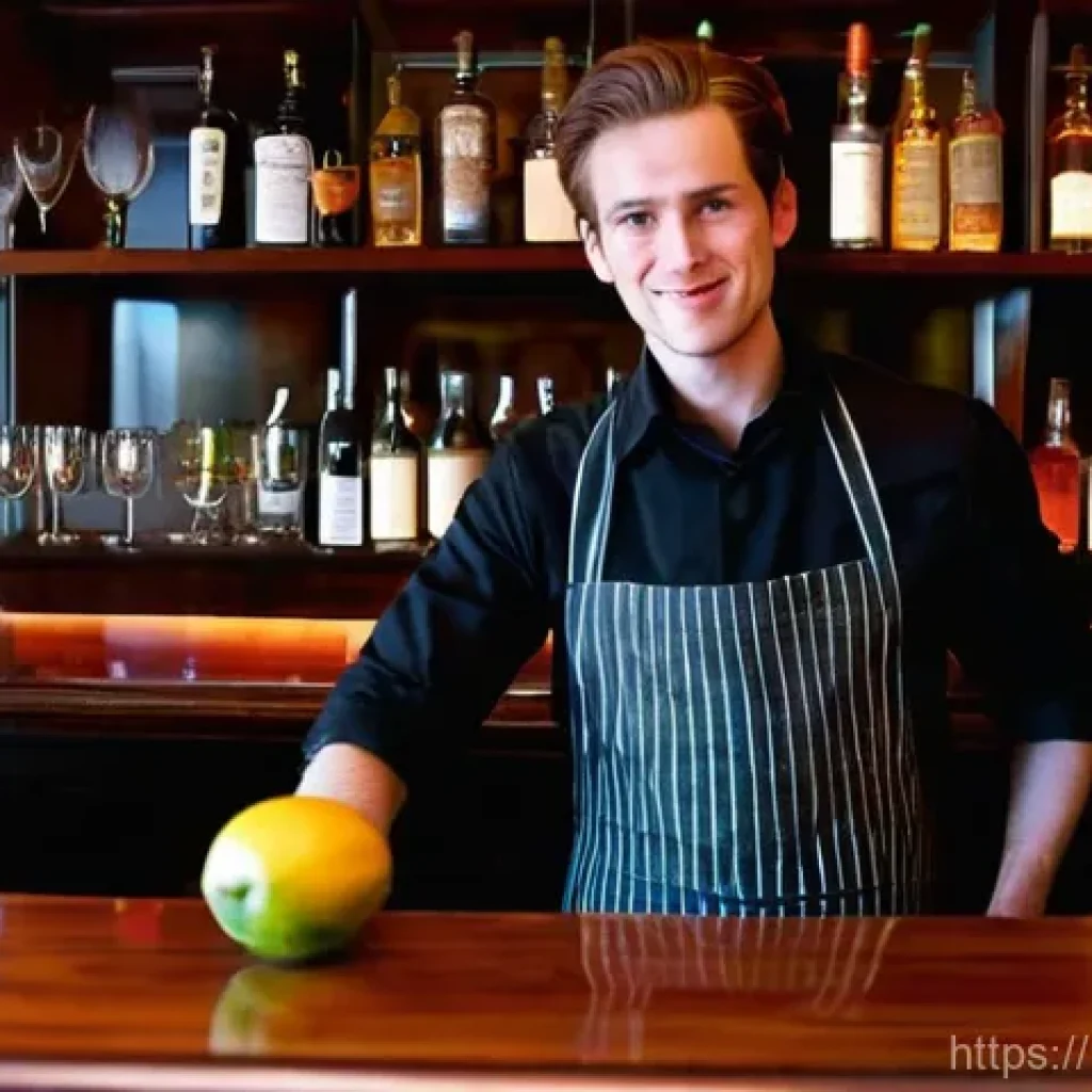 바텐더 실무에서의 문제 해결법 - **Prompt:** A skilled bartender, dressed in a crisp black shirt, a tailored vest, and a neat apron, ...
