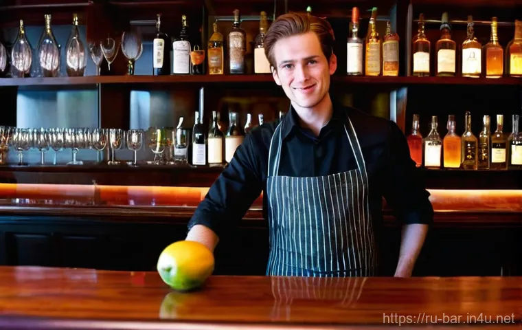 바텐더 실무에서의 문제 해결법 - **Prompt:** A skilled bartender, dressed in a crisp black shirt, a tailored vest, and a neat apron, ...