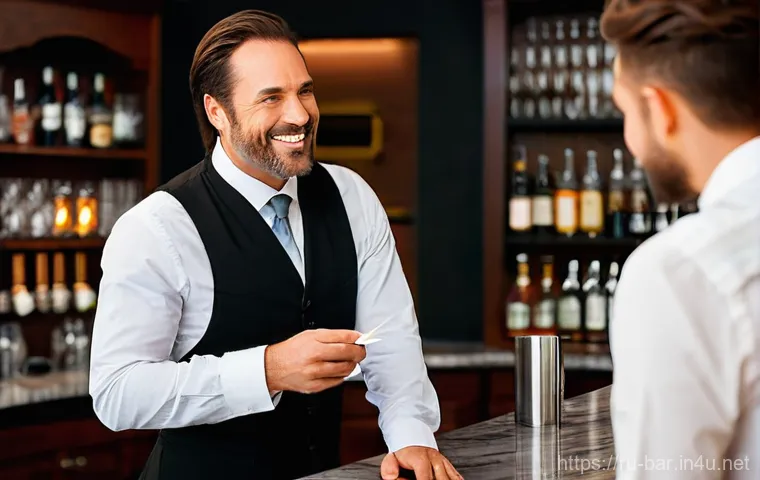 바텐더 실무에서의 문제 해결법 - **Prompt:** A skilled bartender, dressed in a crisp black shirt, a tailored vest, and a neat apron, ...
