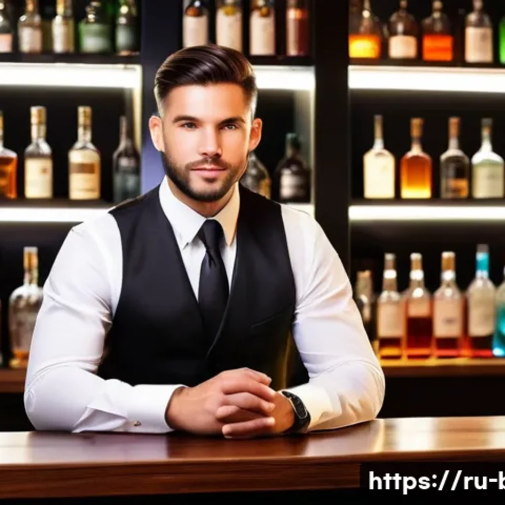 바텐더 채용 면접 질문과 답변 - A professional bartender in a modern, stylish bar setting, wearing a clean, crisp white shirt with b...