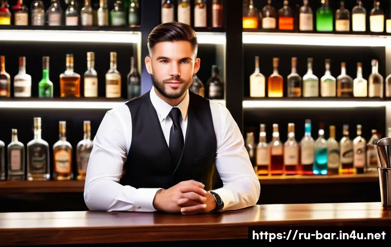 바텐더 채용 면접 질문과 답변 - A professional bartender in a modern, stylish bar setting, wearing a clean, crisp white shirt with b...