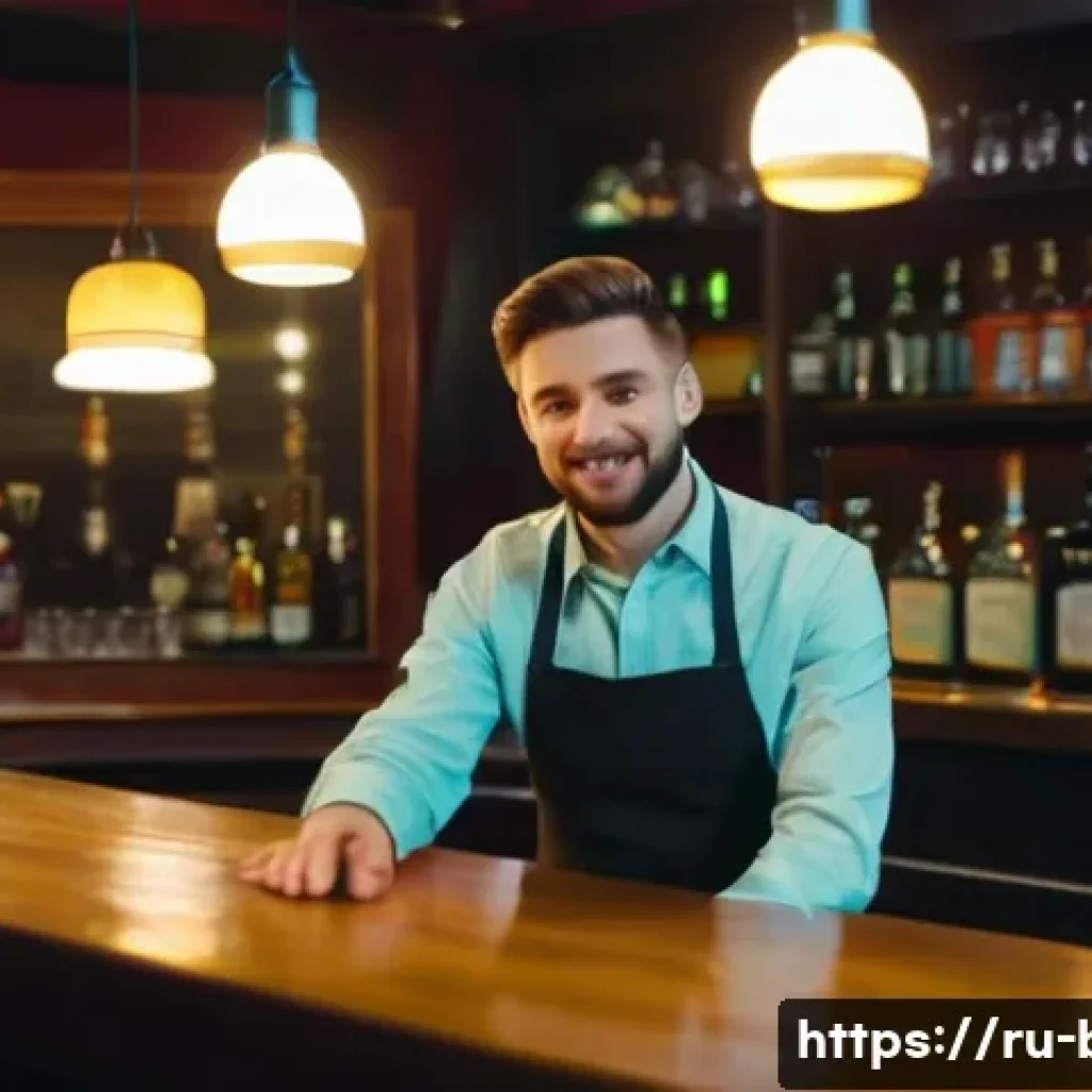 바텐더 직업 선택의 현실 - A busy Moscow bar interior at night with a professional bartender skillfully preparing cocktails beh...