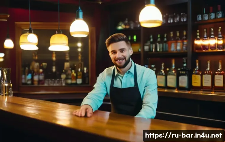 바텐더 직업 선택의 현실 - A busy Moscow bar interior at night with a professional bartender skillfully preparing cocktails beh...