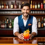 바텐더의 직업 만족도 - A modern, stylish bar scene capturing a professional bartender in mid-action, creatively mixing a vi...