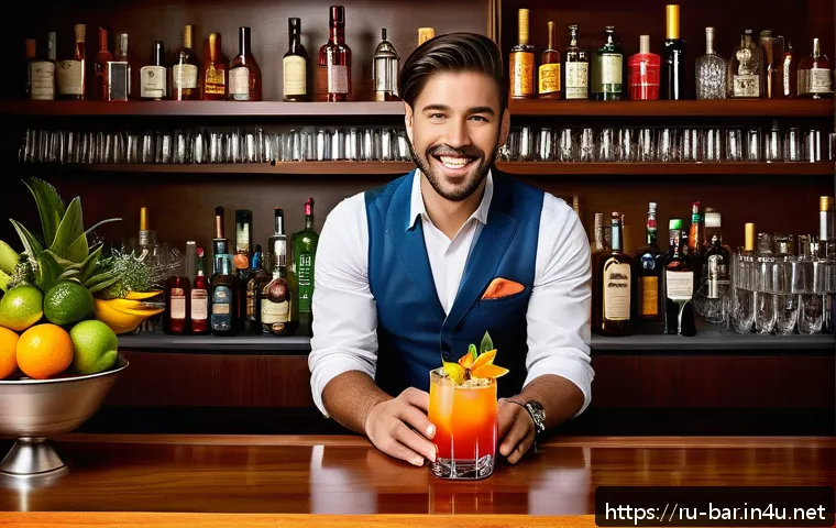 바텐더의 직업 만족도 - A modern, stylish bar scene capturing a professional bartender in mid-action, creatively mixing a vi...