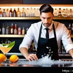 바텐더로서의 자기계발 - A professional bartender performing a precise cocktail shake technique behind a sleek modern bar, wi...