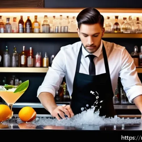 바텐더로서의 자기계발 - A professional bartender performing a precise cocktail shake technique behind a sleek modern bar, wi...