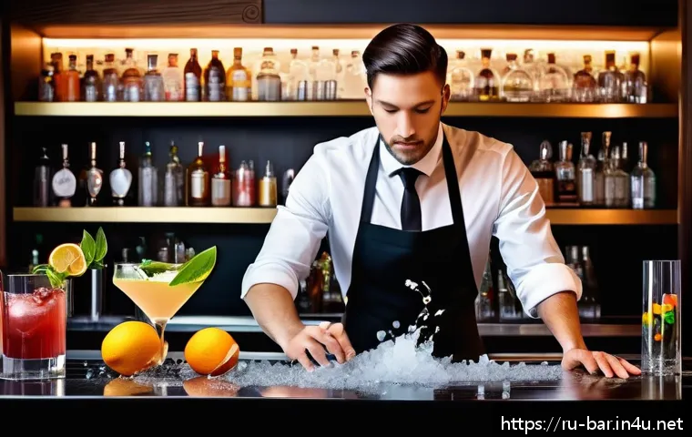 바텐더로서의 자기계발 - A professional bartender performing a precise cocktail shake technique behind a sleek modern bar, wi...