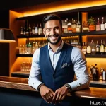바텐더로 성공한 사례 인터뷰 - A modern bartender in a stylish urban bar setting, attentively listening and smiling while engaging ...