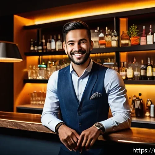 바텐더로 성공한 사례 인터뷰 - A modern bartender in a stylish urban bar setting, attentively listening and smiling while engaging ...