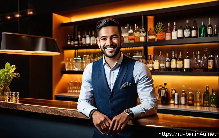 바텐더로 성공한 사례 인터뷰 - A modern bartender in a stylish urban bar setting, attentively listening and smiling while engaging ...