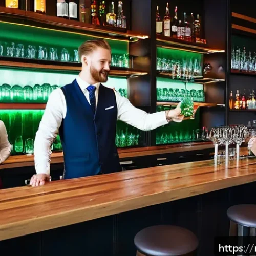 바텐더와 관련된 업계 행사 소개 - A lively, modern bartending masterclass scene inside a stylish Moscow bar during daytime, featuring ...