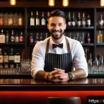 바텐더 이직 준비를 위한 포트폴리오 작성법 - A professional bartender portfolio scene in a modern upscale bar setting, featuring a well-dressed m...