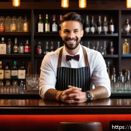 바텐더 이직 준비를 위한 포트폴리오 작성법 - A professional bartender portfolio scene in a modern upscale bar setting, featuring a well-dressed m...