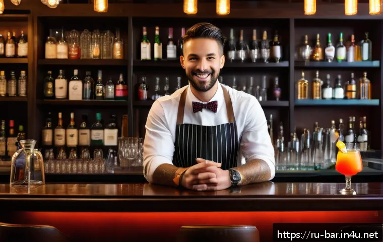 바텐더 이직 준비를 위한 포트폴리오 작성법 - A professional bartender portfolio scene in a modern upscale bar setting, featuring a well-dressed m...