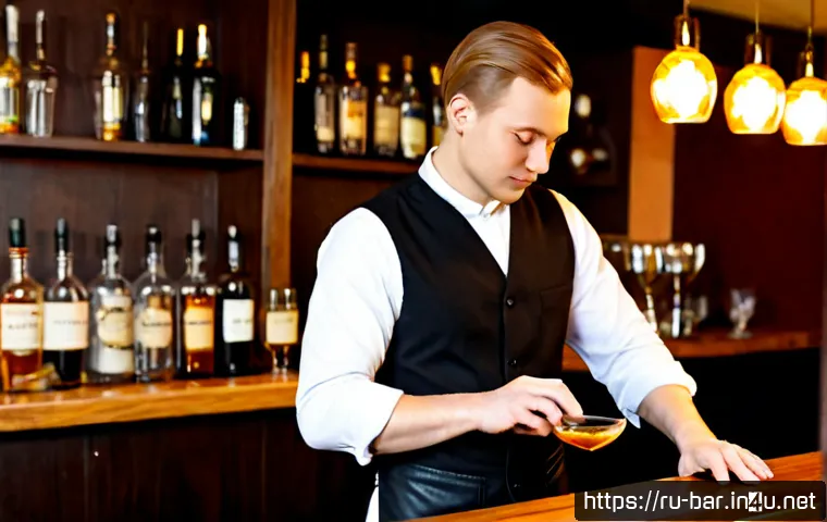 Home 30 바텐더로 성공하기 위한 필수 소양 - Photorealistic professional bartender in a refined Moscow-style cocktail bar, calmly practicing prec...