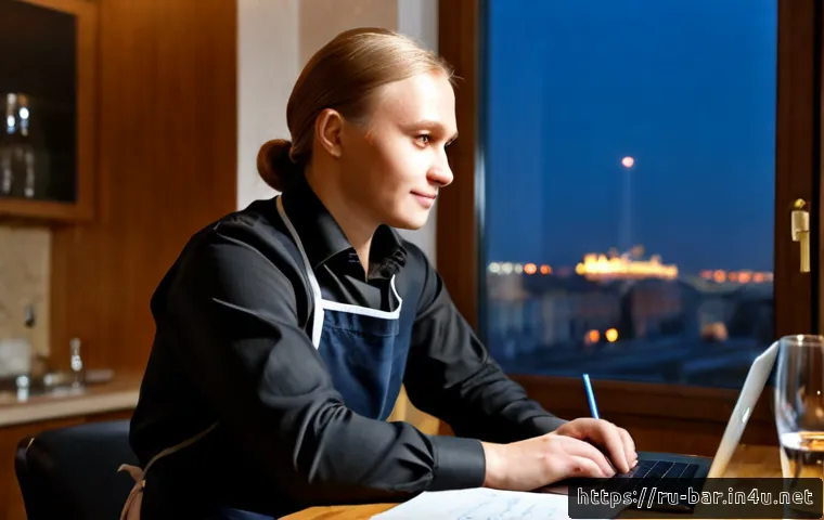 Home 17 바텐더 면접 후 피드백 관리 - Photorealistic Russian bartender seated at a neat home desk after an interview, reviewing handwritte...